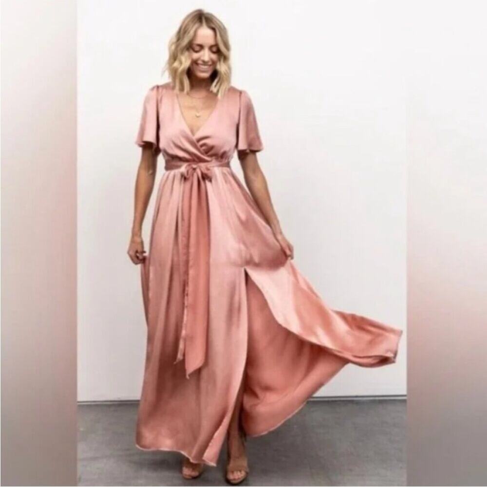 Baltic Born Sicily blush rose pink belted double slit maxi dress size Small